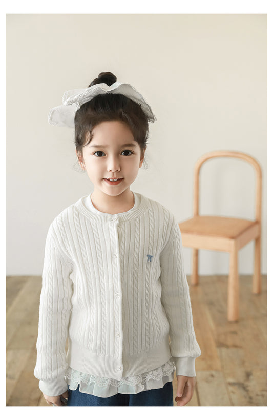 Cotton Cable Knit Bow Embroidered Cardigan, Ivory