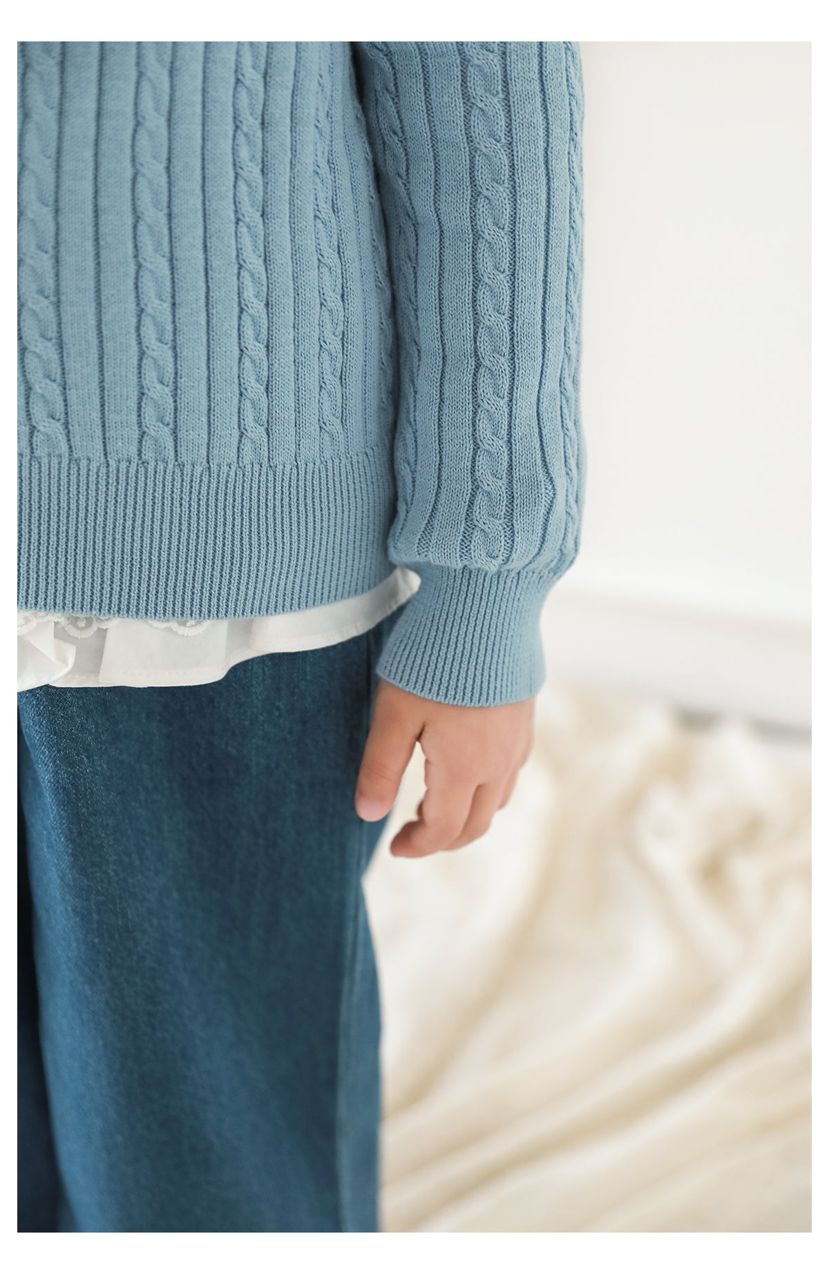 Cotton Cable Knit Bow Embroidered Cardigan, Sky Blue