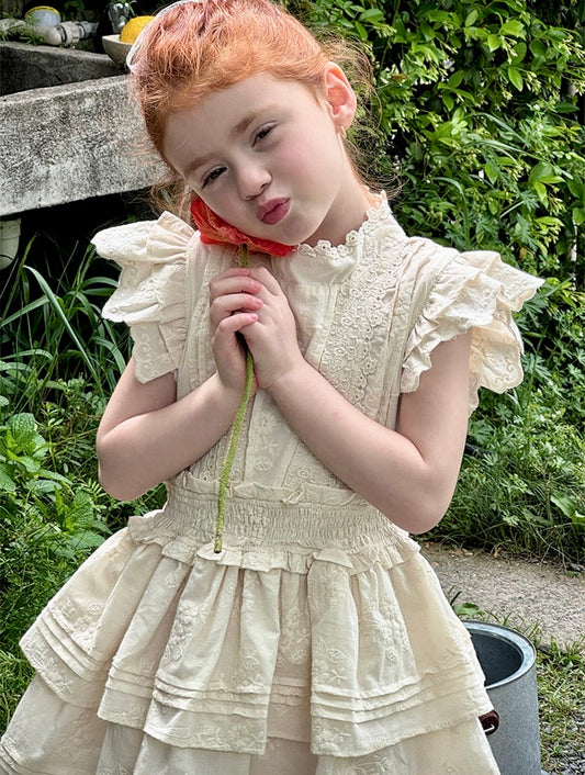Lace Embroidered Tiered Dress, Cream