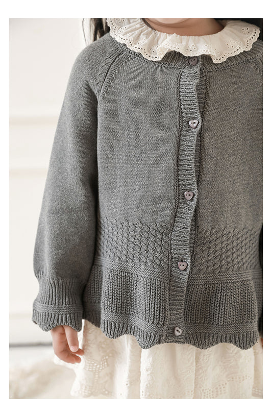 Scalloped Textured Knit Cardigan, Pebble Grey