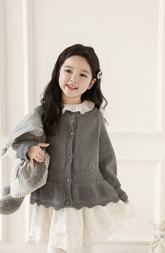 Scalloped Textured Knit Cardigan, Pebble Grey