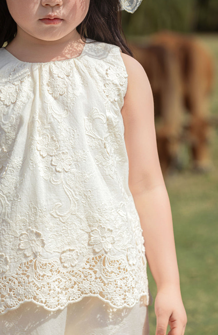 Floral Embroidered Cotton Top & Trousers Set, Ivory