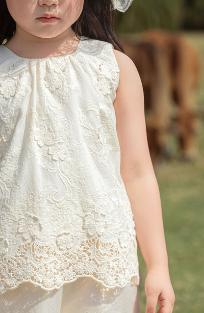 Floral Embroidered Cotton Top & Trousers Set, Ivory