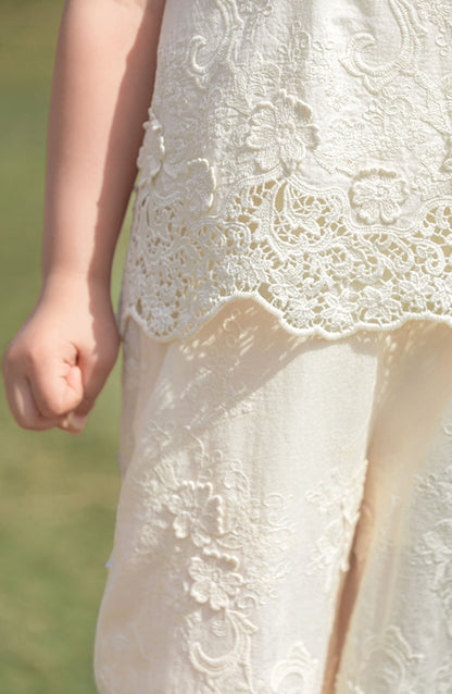 Floral Embroidered Cotton Top & Trousers Set, Ivory