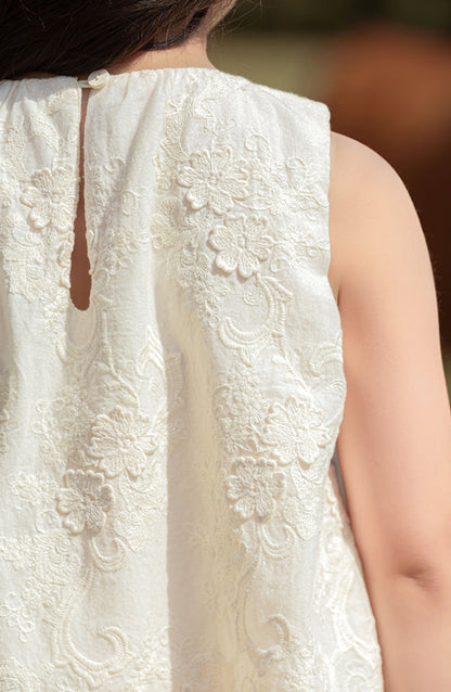 Floral Embroidered Cotton Top & Trousers Set, Ivory