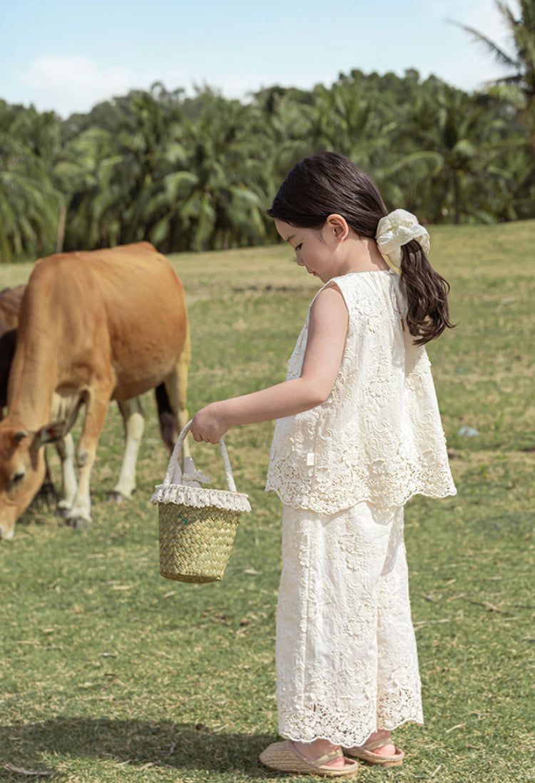 Floral Embroidered Cotton Top & Trousers Set, Ivory