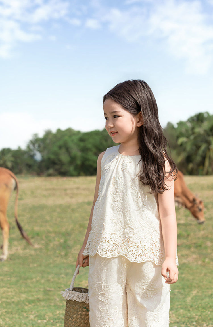 Floral Embroidered Cotton Top & Trousers Set, Ivory