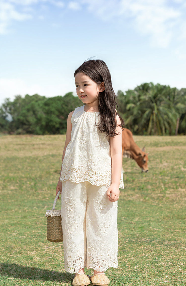 Floral Embroidered Cotton Top & Trousers Set, Ivory