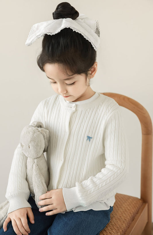 Cotton Cable Knit Bow Embroidered Cardigan, Ivory