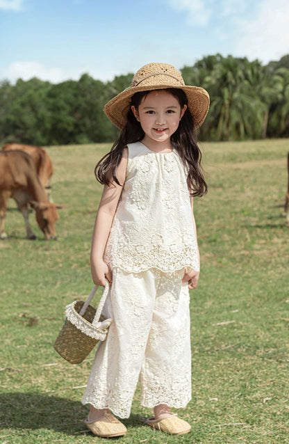 Floral Embroidered Cotton Top & Trousers Set, Ivory