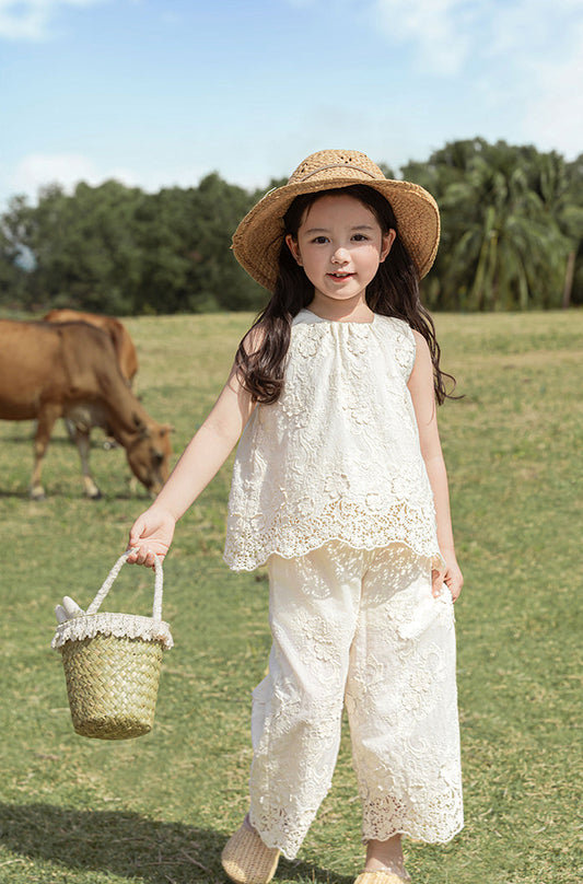 Floral Embroidered Cotton Top & Trousers Set, Ivory