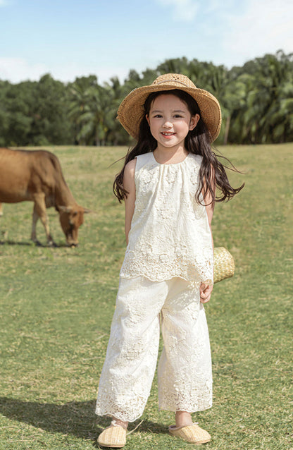 Floral Embroidered Cotton Top & Trousers Set, Ivory