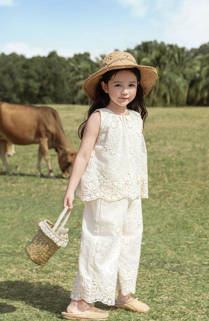 Floral Embroidered Cotton Top & Trousers Set, Ivory