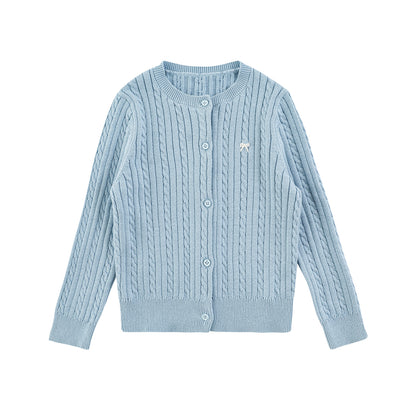 Cotton Cable Knit Bow Embroidered Cardigan, Sky Blue
