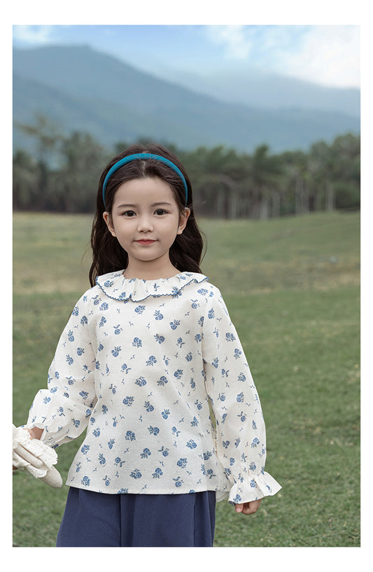 Embroidered Collar Blouse, Blue Floral