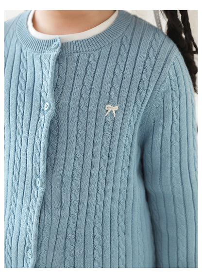 Cotton Cable Knit Bow Embroidered Cardigan, Sky Blue