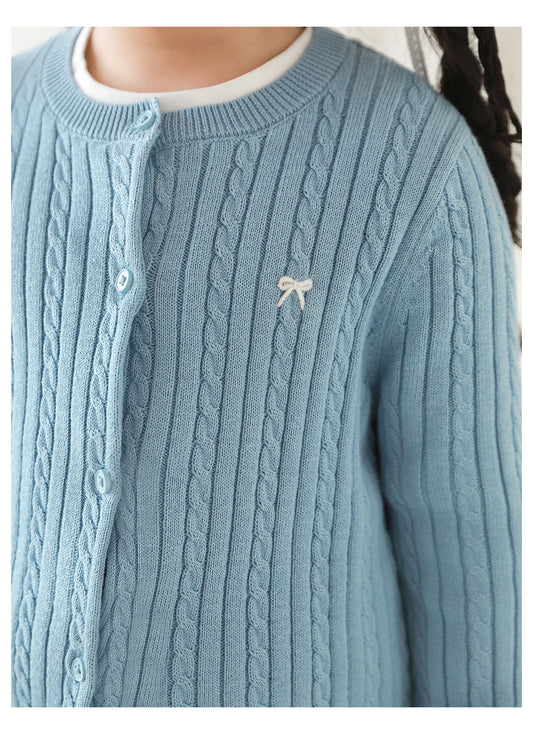 Cotton Cable Knit Bow Embroidered Cardigan, Sky Blue