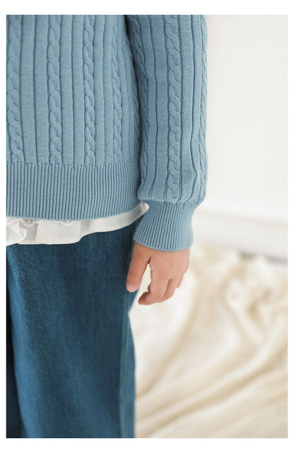 Cotton Cable Knit Bow Embroidered Cardigan, Sky Blue