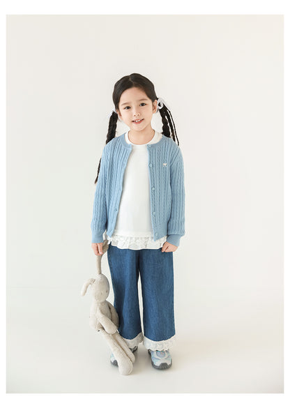 Cotton Cable Knit Bow Embroidered Cardigan, Sky Blue