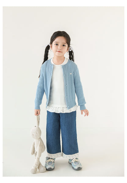 Cotton Cable Knit Bow Embroidered Cardigan, Sky Blue