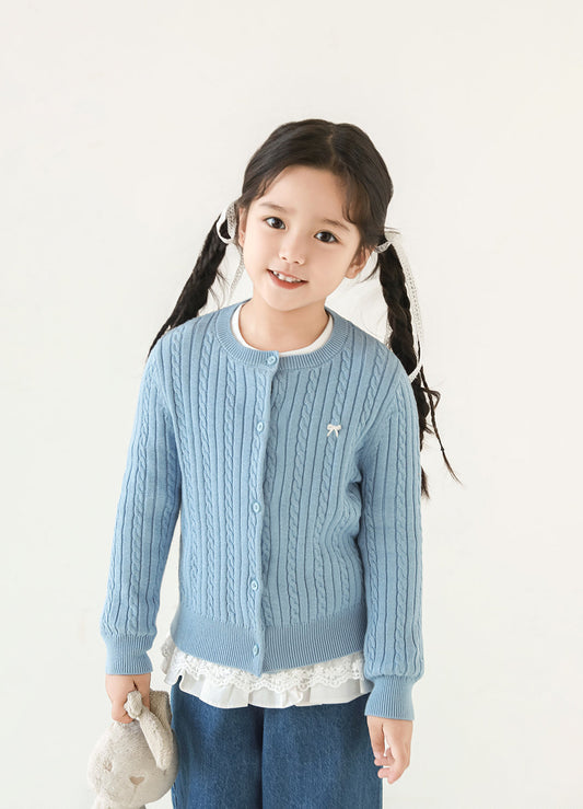 Cotton Cable Knit Bow Embroidered Cardigan, Sky Blue