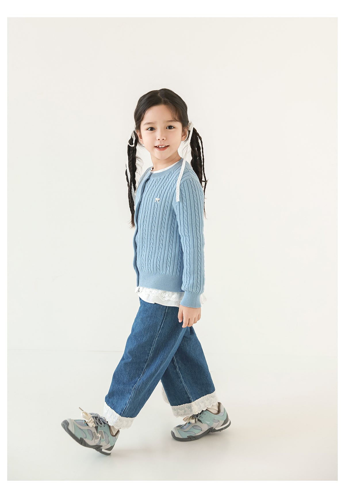 Cotton Cable Knit Bow Embroidered Cardigan, Sky Blue