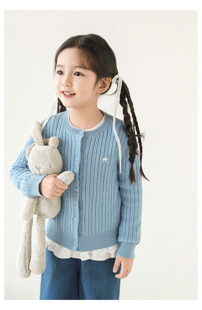 Cotton Cable Knit Bow Embroidered Cardigan, Sky Blue
