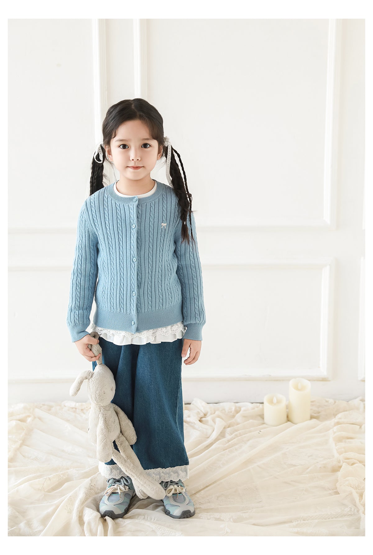 Cotton Cable Knit Bow Embroidered Cardigan, Sky Blue