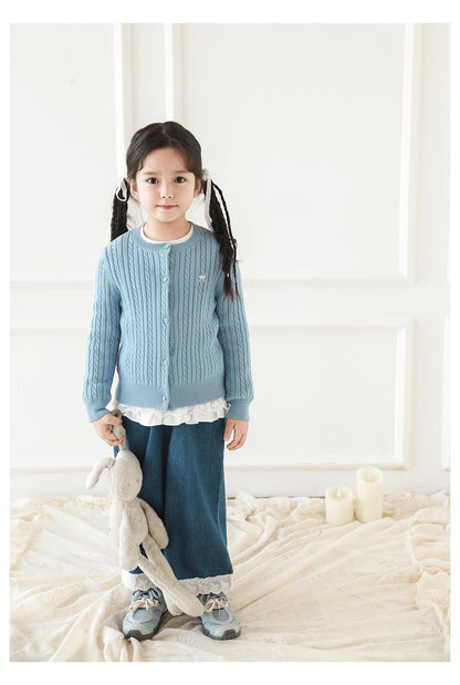 Cotton Cable Knit Bow Embroidered Cardigan, Sky Blue