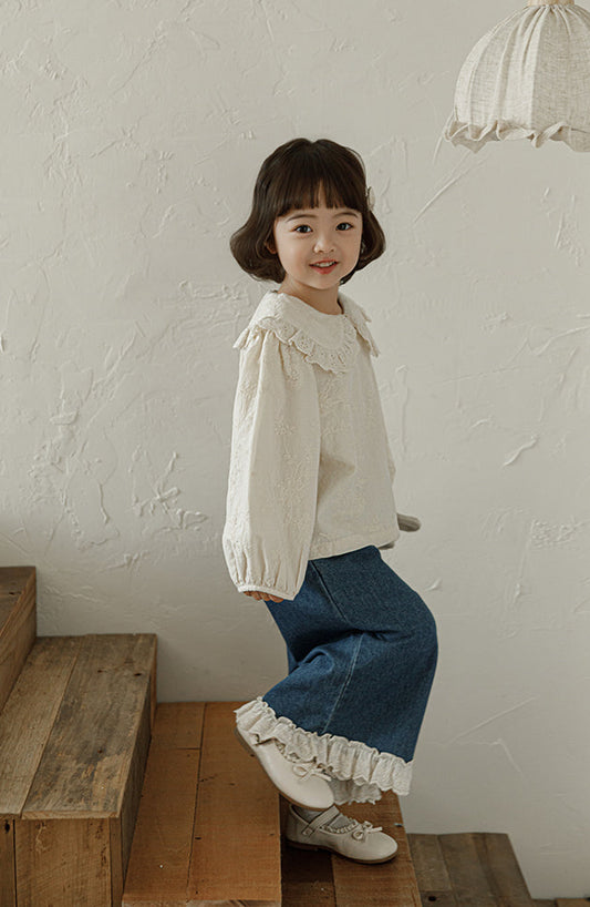Lace Hem Ruffled Wide-Leg Jeans, Classic Blue